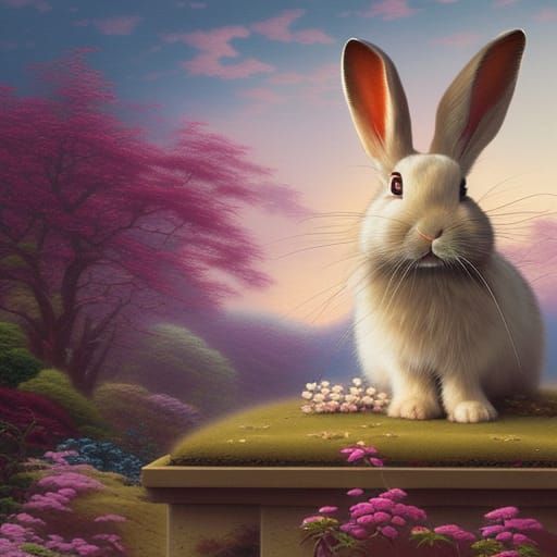 Rabbit, friendly, fluffy, painting, Matsumoto Hoji style, Close-up head and shoulders portrait detailed matte painting ...