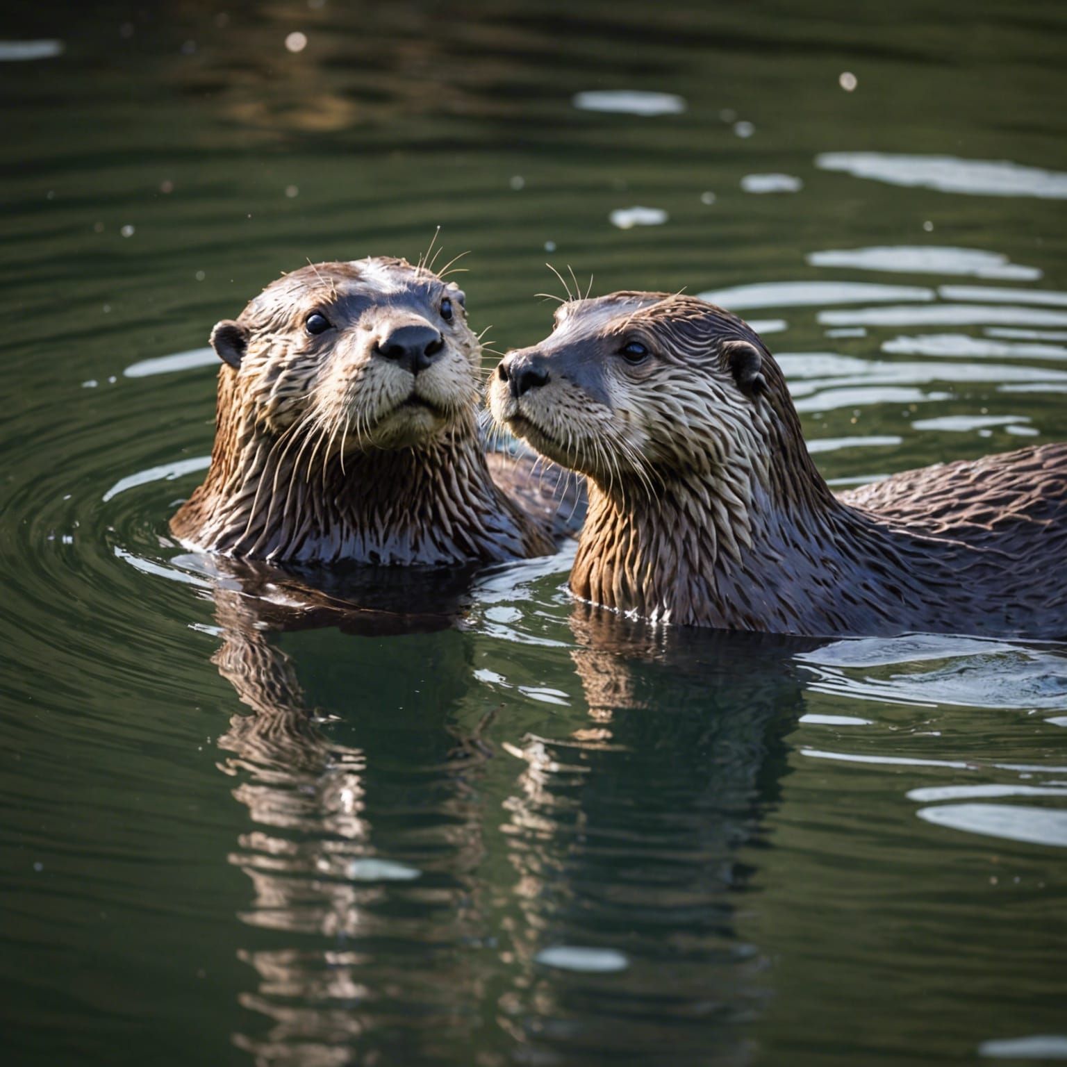 Two Otters Swimming Together in Dynamic Lighting
