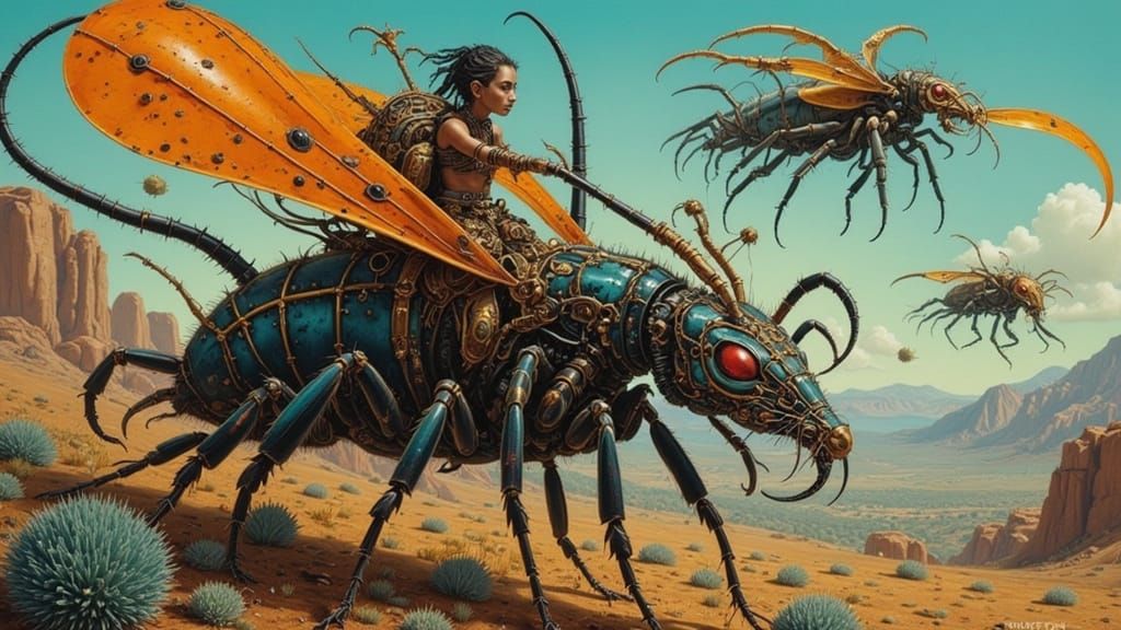 Tribal Warriors Ride Giant Insects in Vibrant Scene