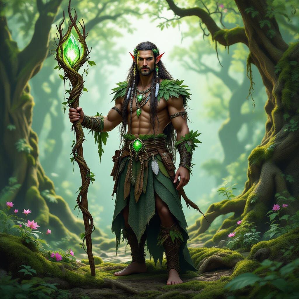 Regal Elf Druid in Ancient Forest Clearing Digital Matte Pai...
