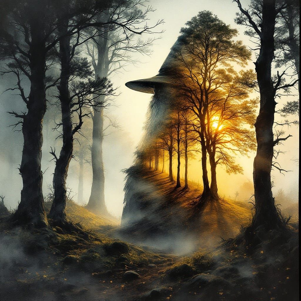 Gandalf in Forest: Vintage Ink Painting Double Exposure