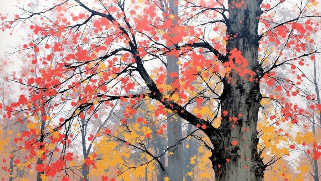 Abstract Autumn Trees in Vibrant 1960s Style