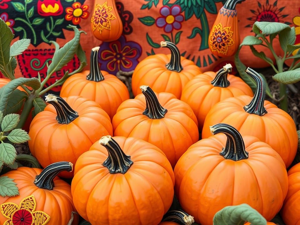 Textile Pumpkin Patch with Mexican Folk-Art Motifs