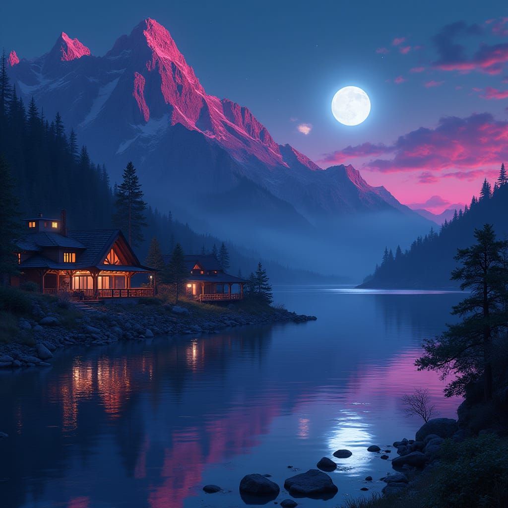 Picturesque Village Scene at Night in Retro-Futurist Style