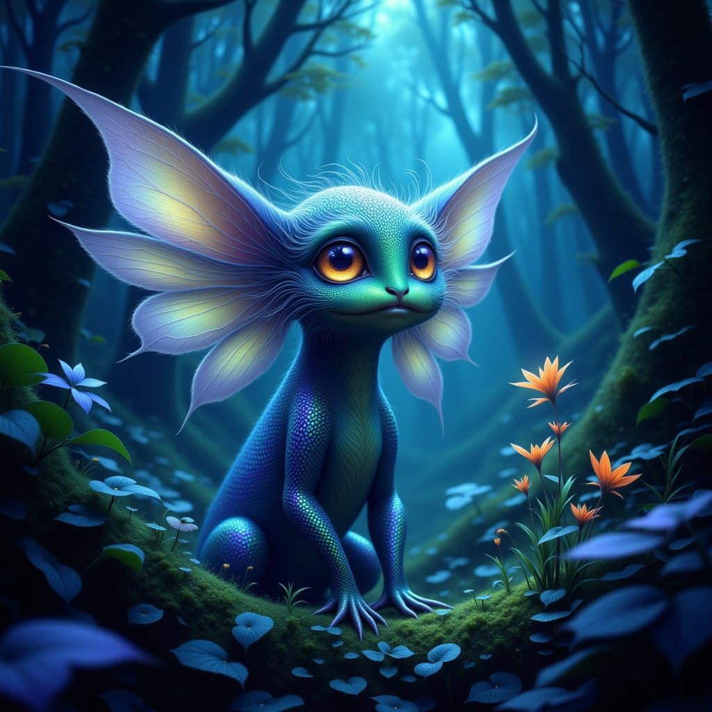 Fantastical Creature in Bioluminescent Forest Digital Painti...