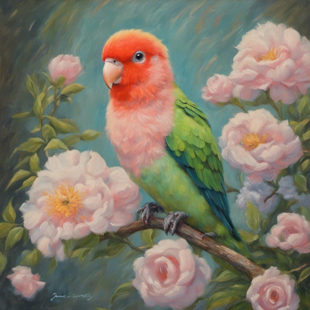 Agapornis Roseicollis Oil Painting in Ghibli Style