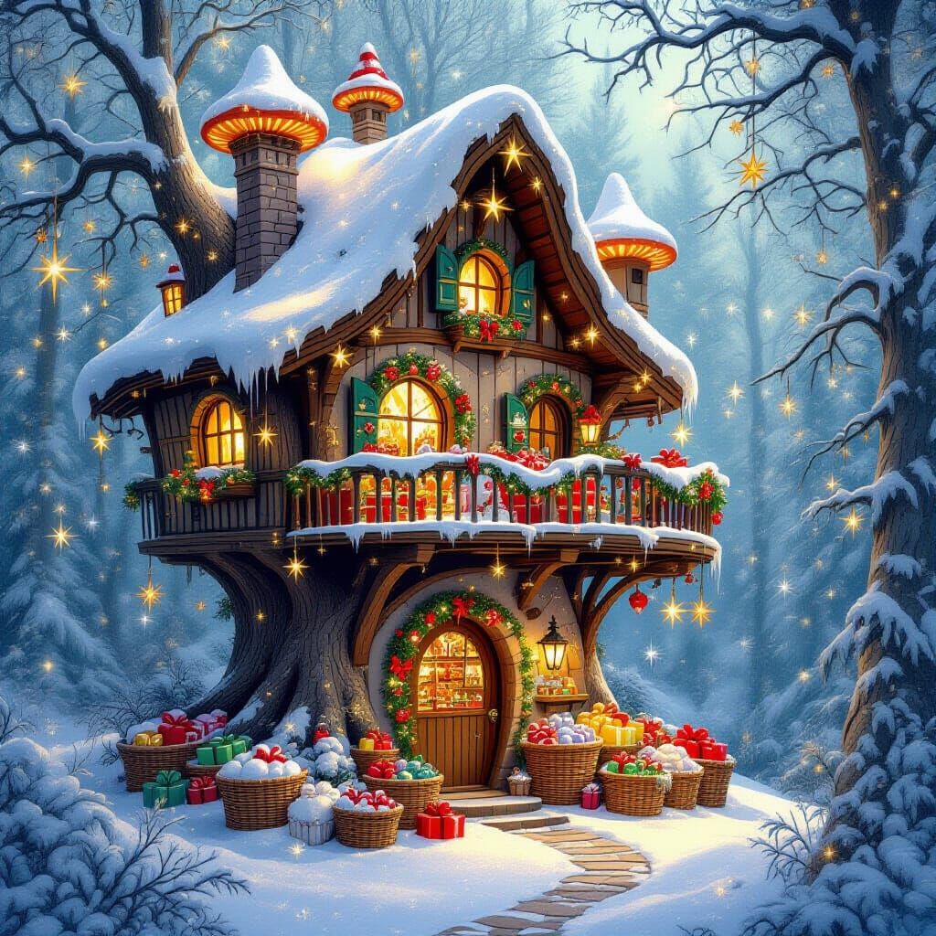 Whimsical Fairy Treehouse Christmas Shop in Snowy Forest