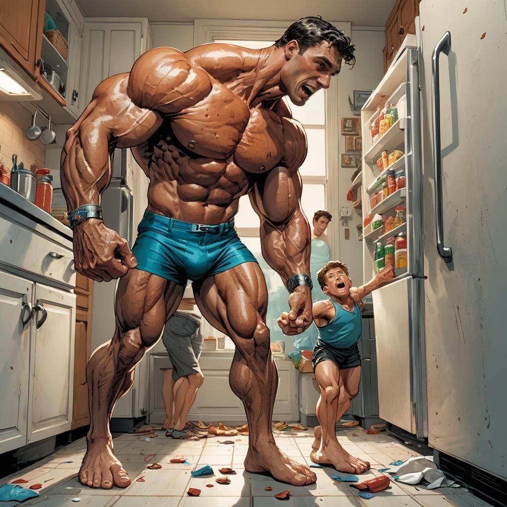 Colossal Roman Bodybuilder in Kitchen