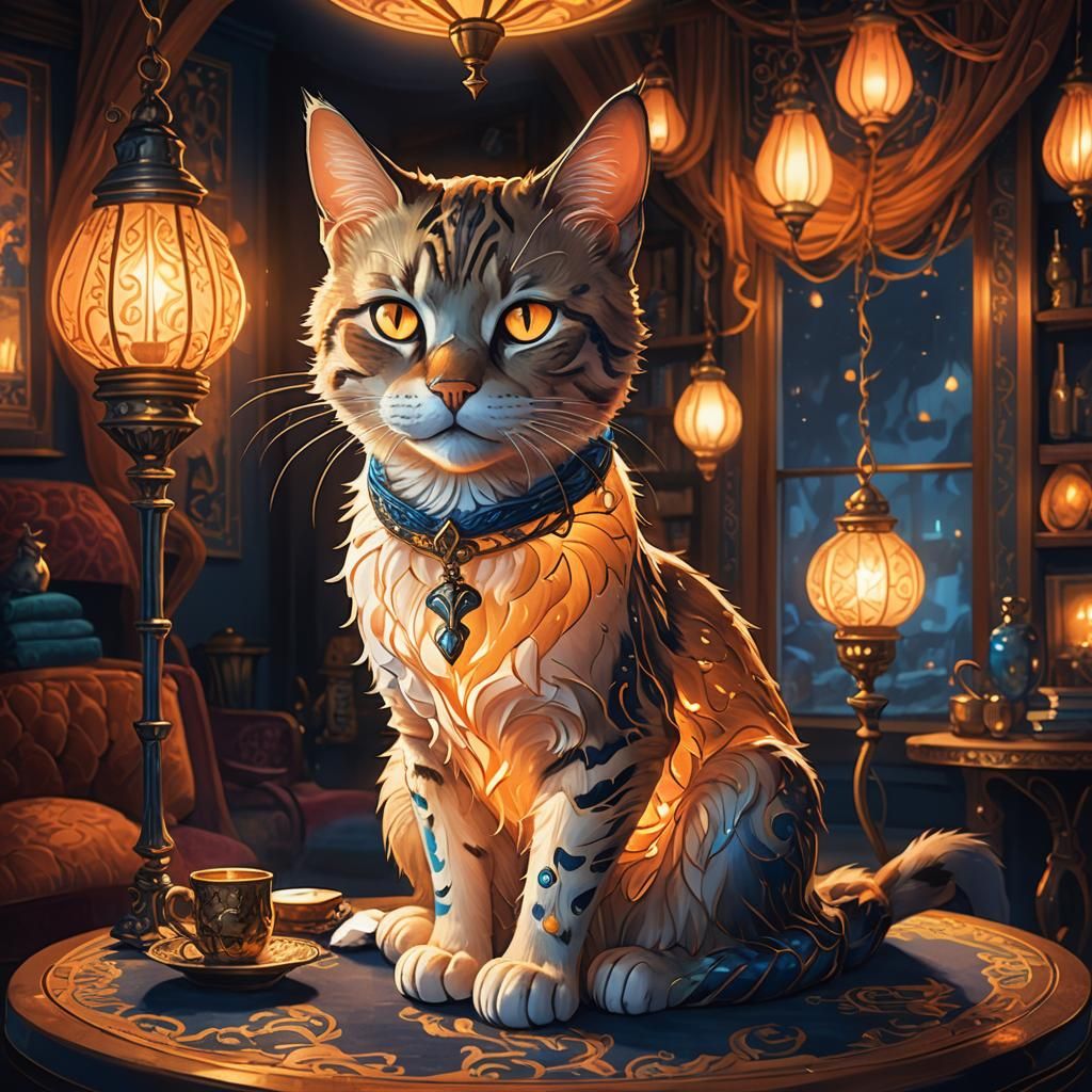 Whimsical Cat Lamp in Mystical Chamber