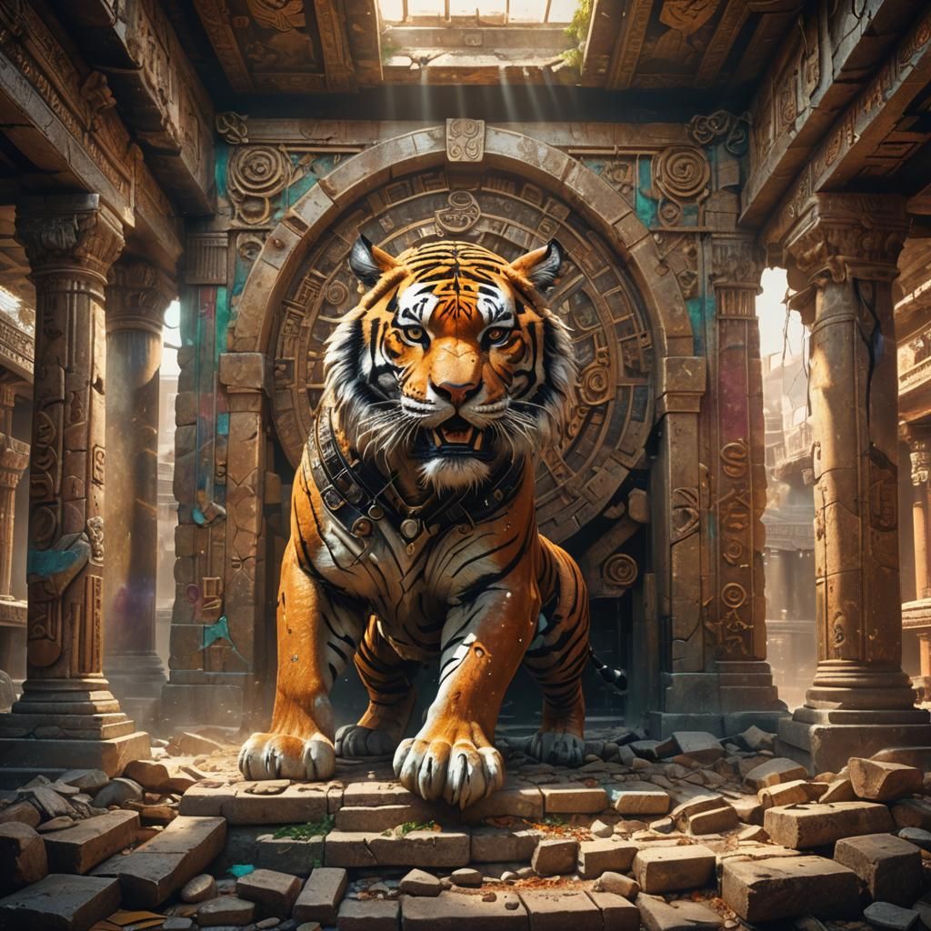 Mechanical Tiger Embedded in Abandoned Temple