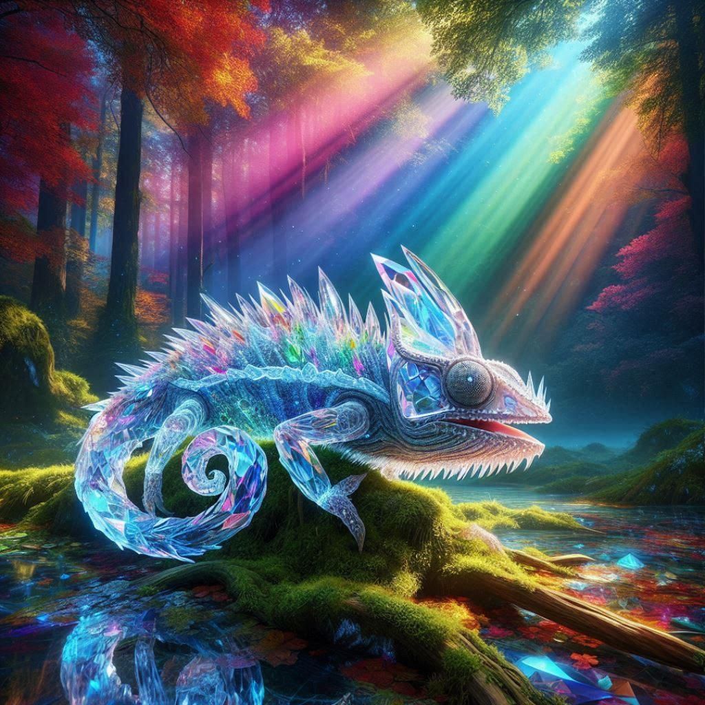 Crystal Chameleon in Ethereal Forest, Multicolored Light