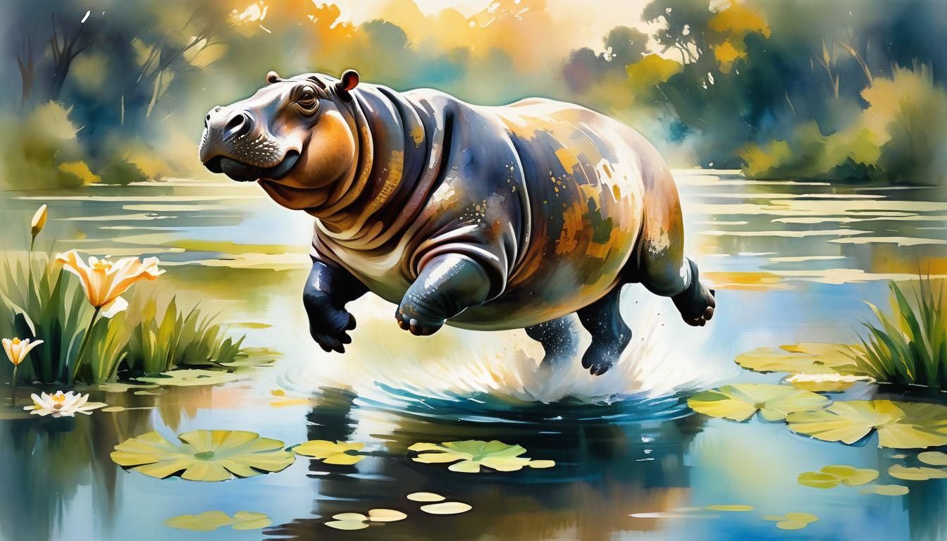 Hippopotamus Soaring Over Landscape in Watercolor Style