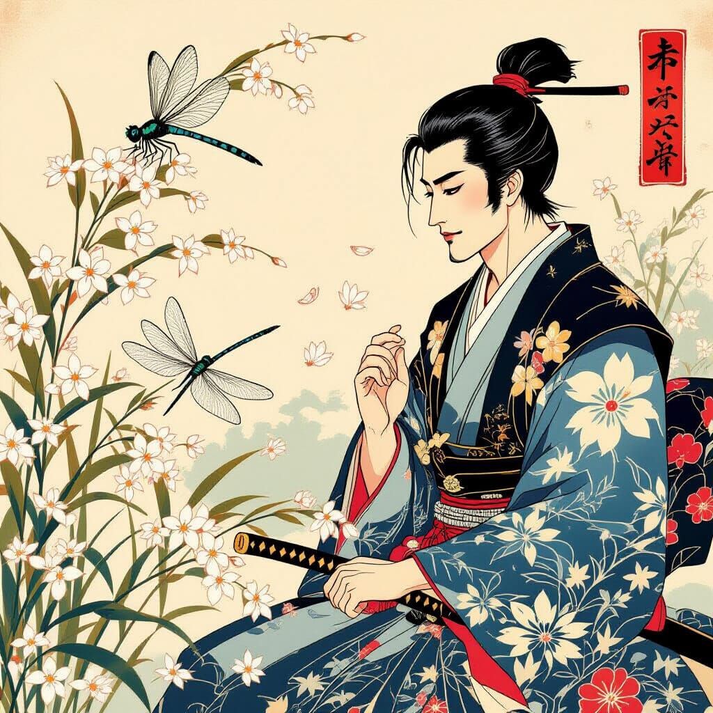 Samurai Observes Dragonfly in Ukiyo-e Garden