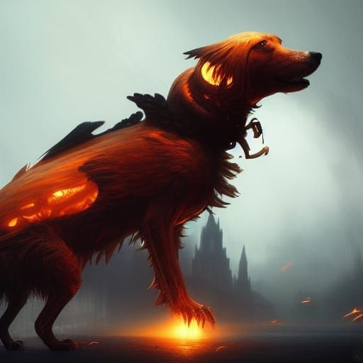 Pumpkin Dog with Wings: Dark Fantasy Concept Art