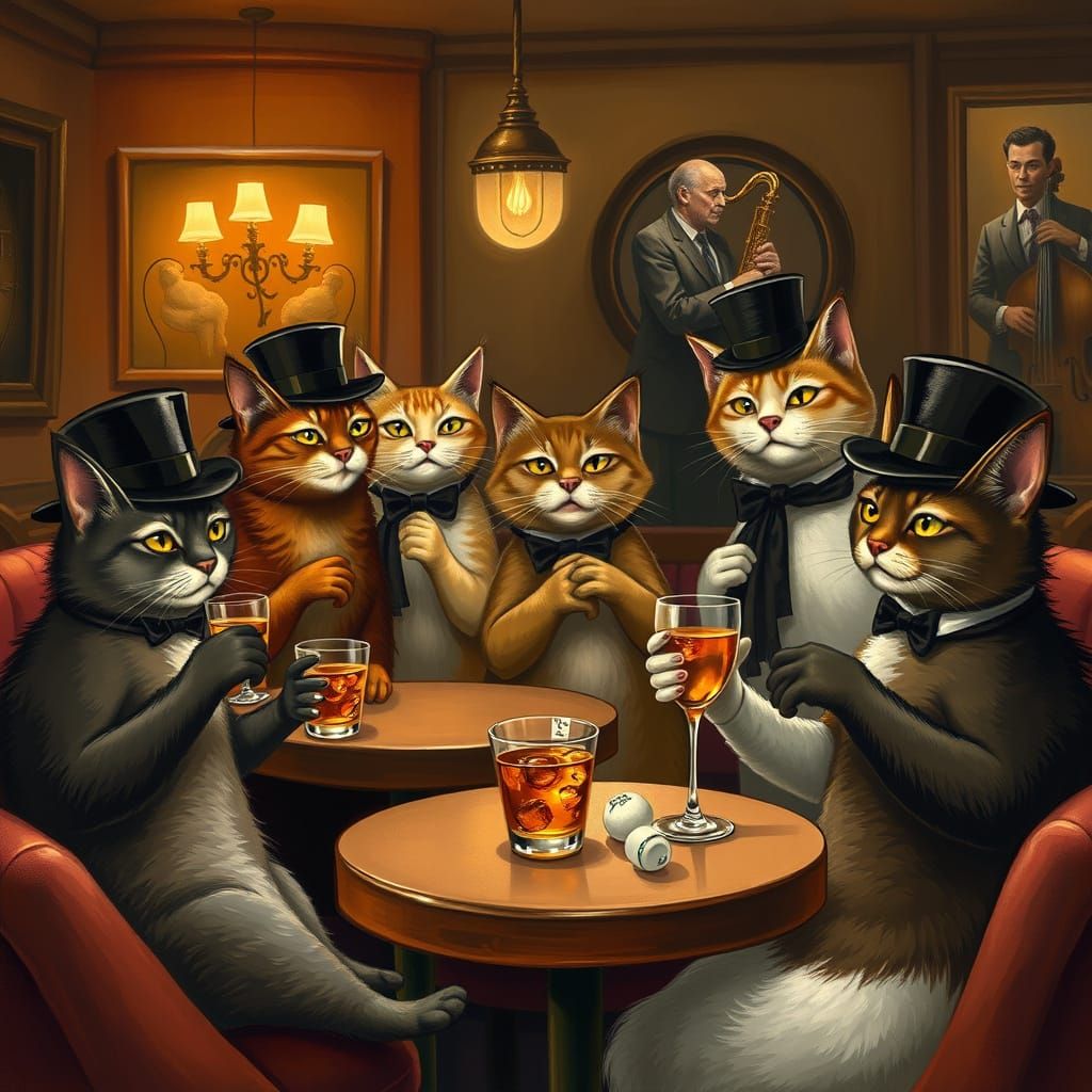 Whimsical Cats in Elegant Jazz Cafe Setting