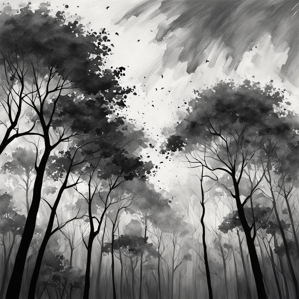Dramatic Tree Silhouettes in Impressionistic Oil Painting