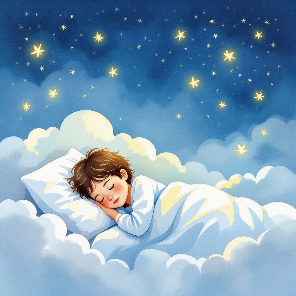 Child Sleeping Peacefully on Cloud Bed With Fireflies