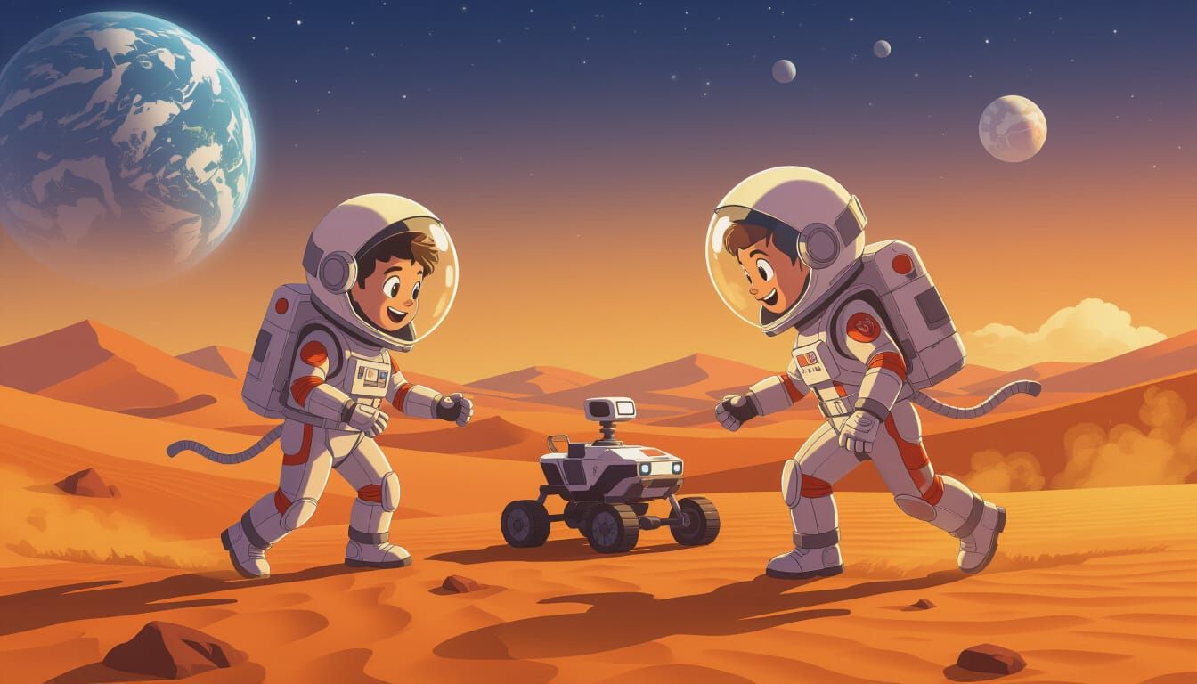 Martian Children Chase Rover in Cartoon Style
