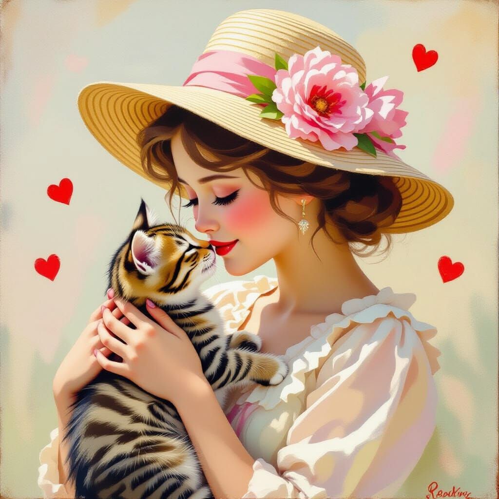 Girl Kisses Kitten in Impressionist Oil Painting