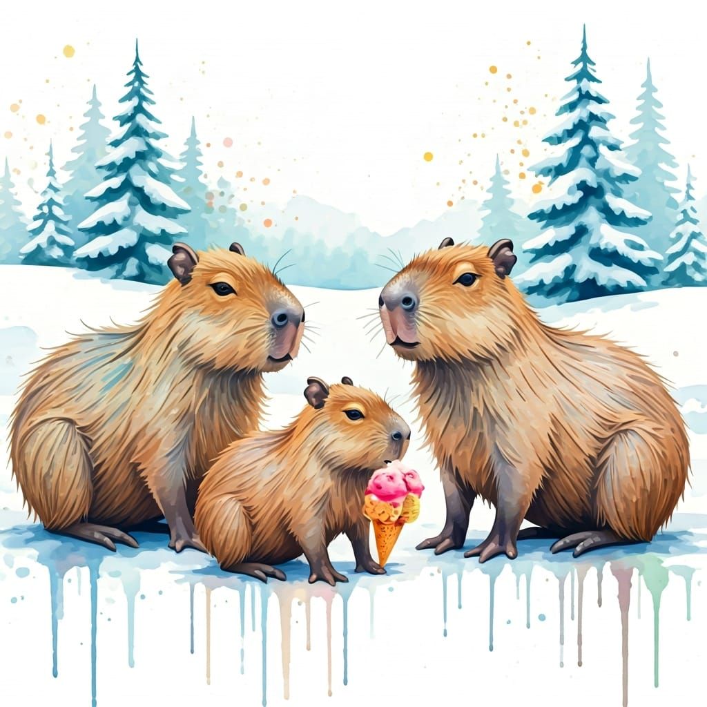 Capybaras Enjoying Ice Cream: A Watercolor Painting