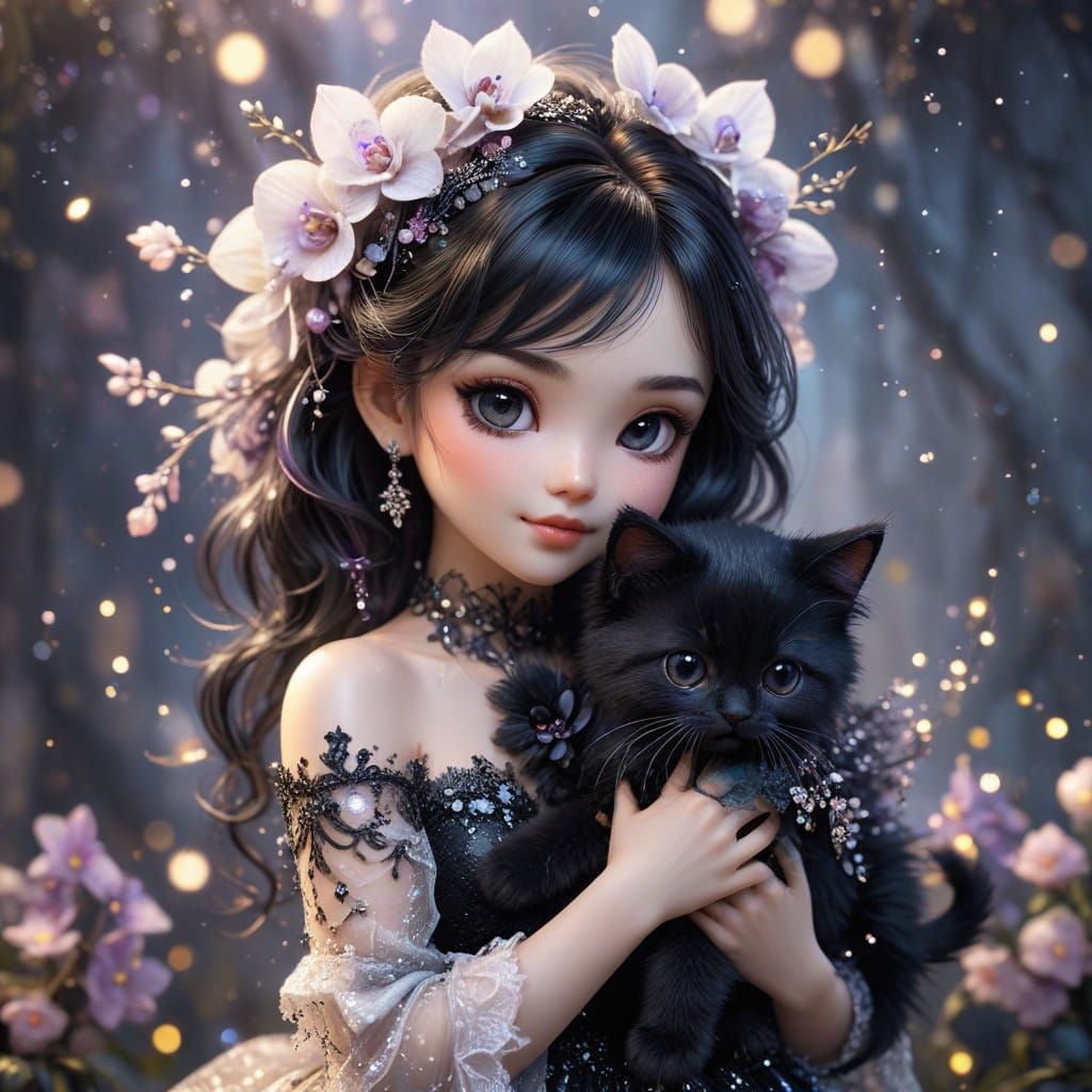 Whimsical Anime Fairy Embracing Kitten