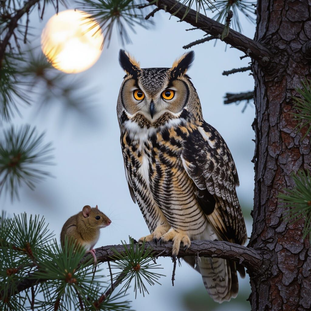 Great Horned Owl in Pine Tree Under Moonlight