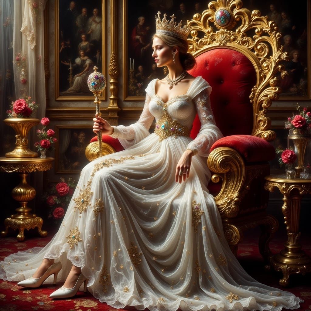 Regal Queen on Gold Throne in Baroque Style