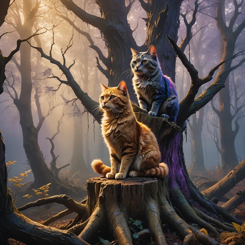 Anthropomorphic Cats in Misty Forest Concept Art