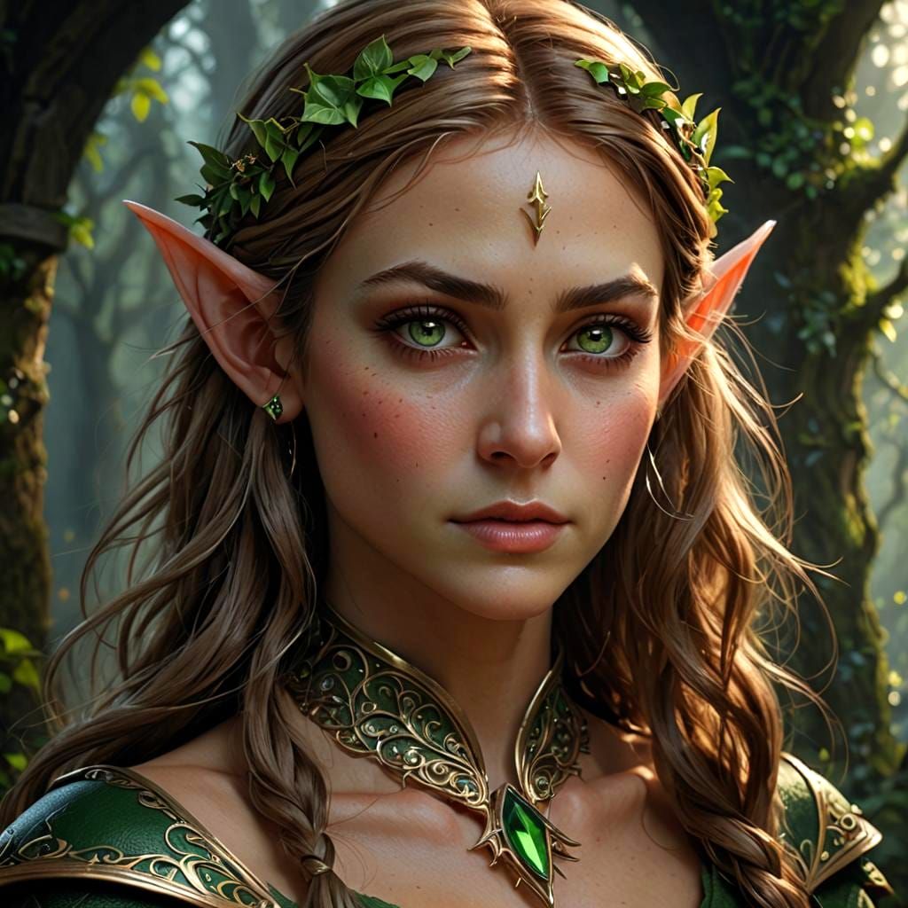 Beautiful Female Elf with Green Eyes in Digital Painting