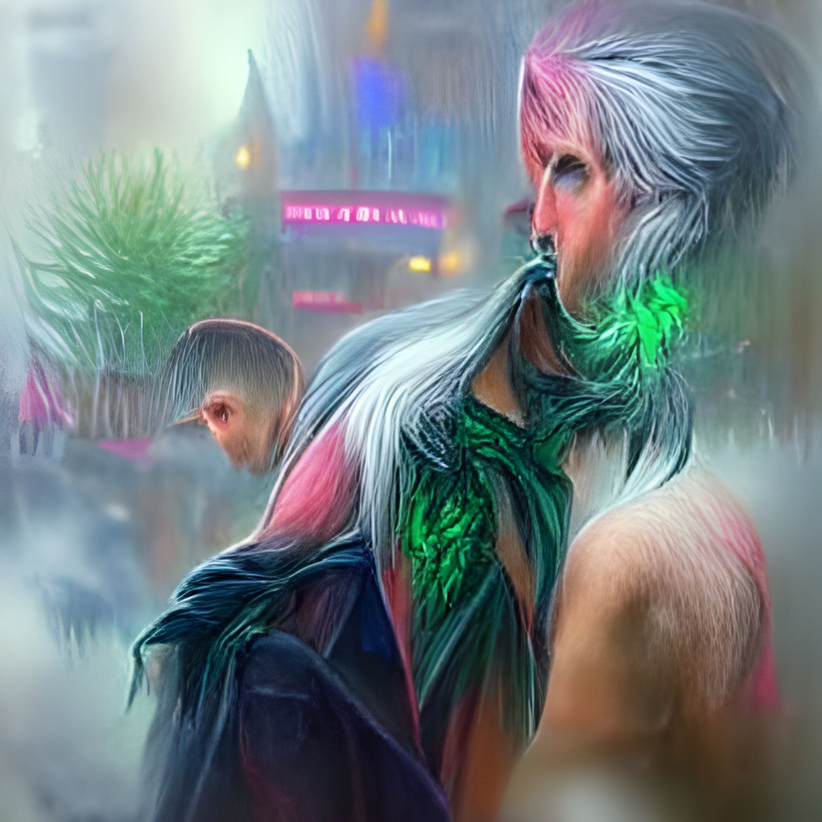 Fantasy Elf with Demon Tail in Cyberpunk Style