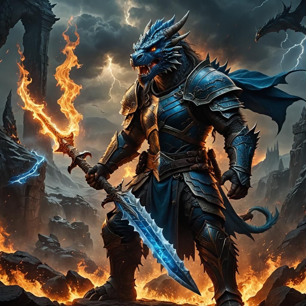 Dragonborn Barbarian with Flaming Sword Digital Portrait
