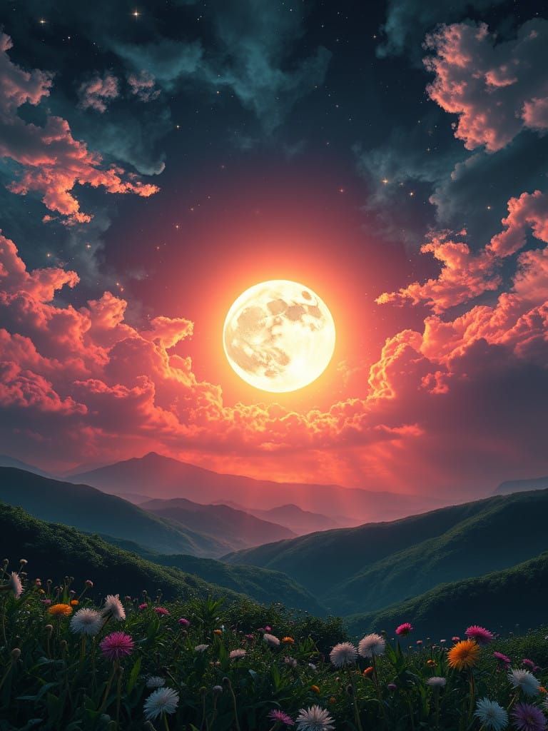Radiant Dandelion Moon Illuminates Ethereal Landscape