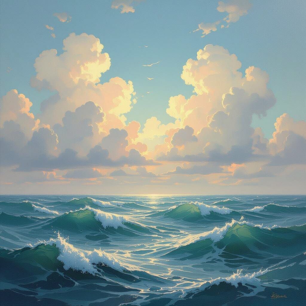 Ethereal Sky with Cloud Waves, Romantic Style