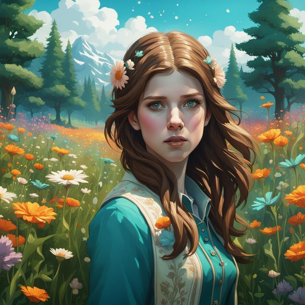 Anna Kendrick in Flower Meadow, Hyperdetailed Concept Art