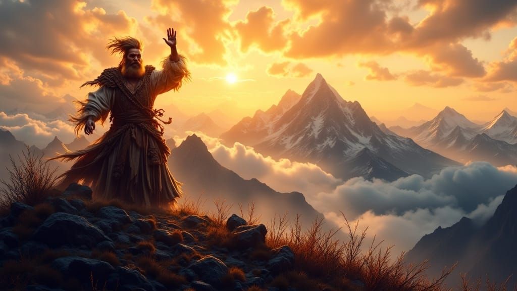 Epic Fantasy Mountain Wanderer at Golden Hour