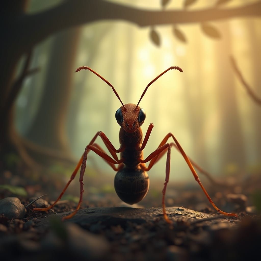 Meditative Ant in Serene Forest, Digital Art