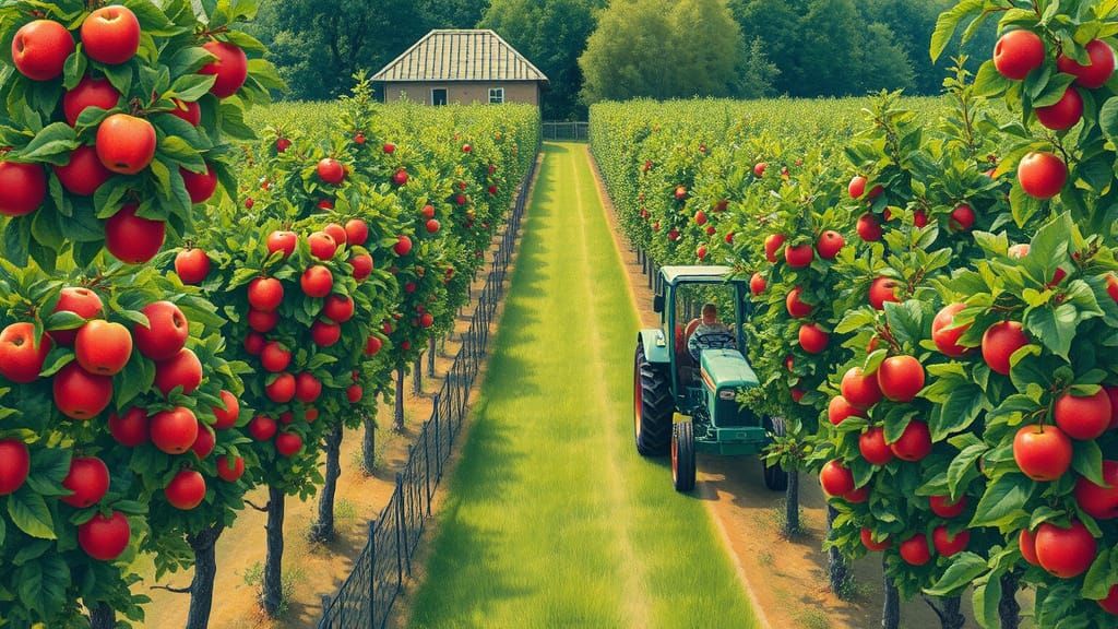 Vibrant Orchard Scene in Gouache Style