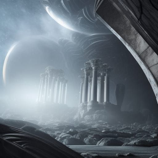 Marble Alien Pillars with Glowing Orb: Digital Painting