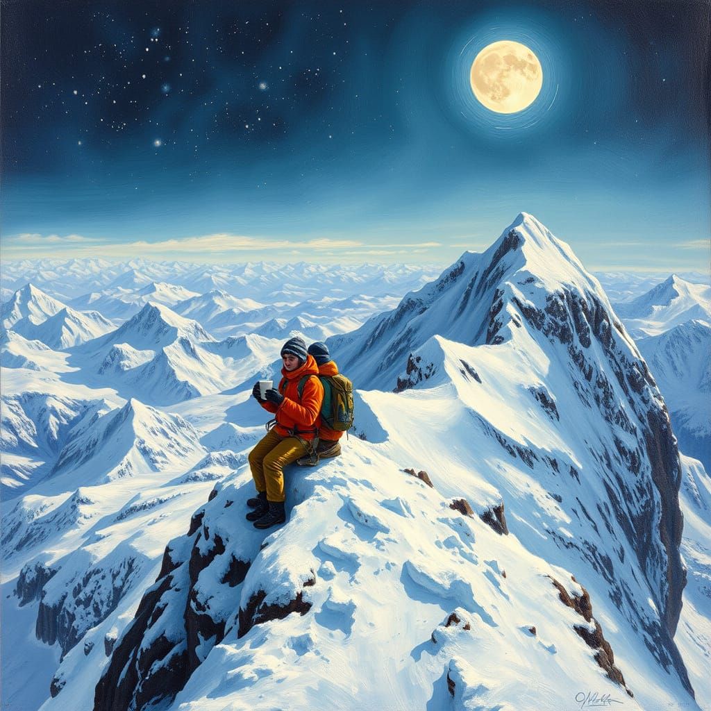 Mountain Climbers Bask in Serene Winter Wonderland