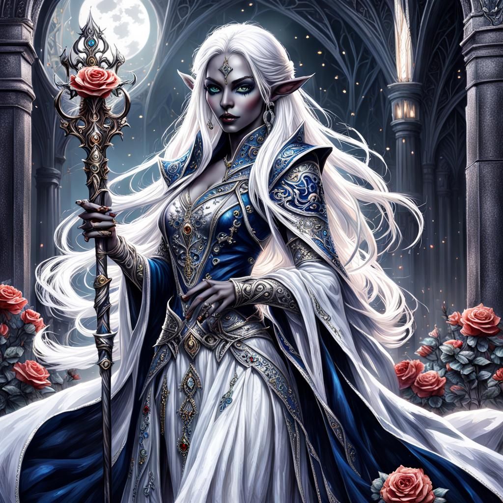 Drow Princess with Silver Staff in Gothic Style