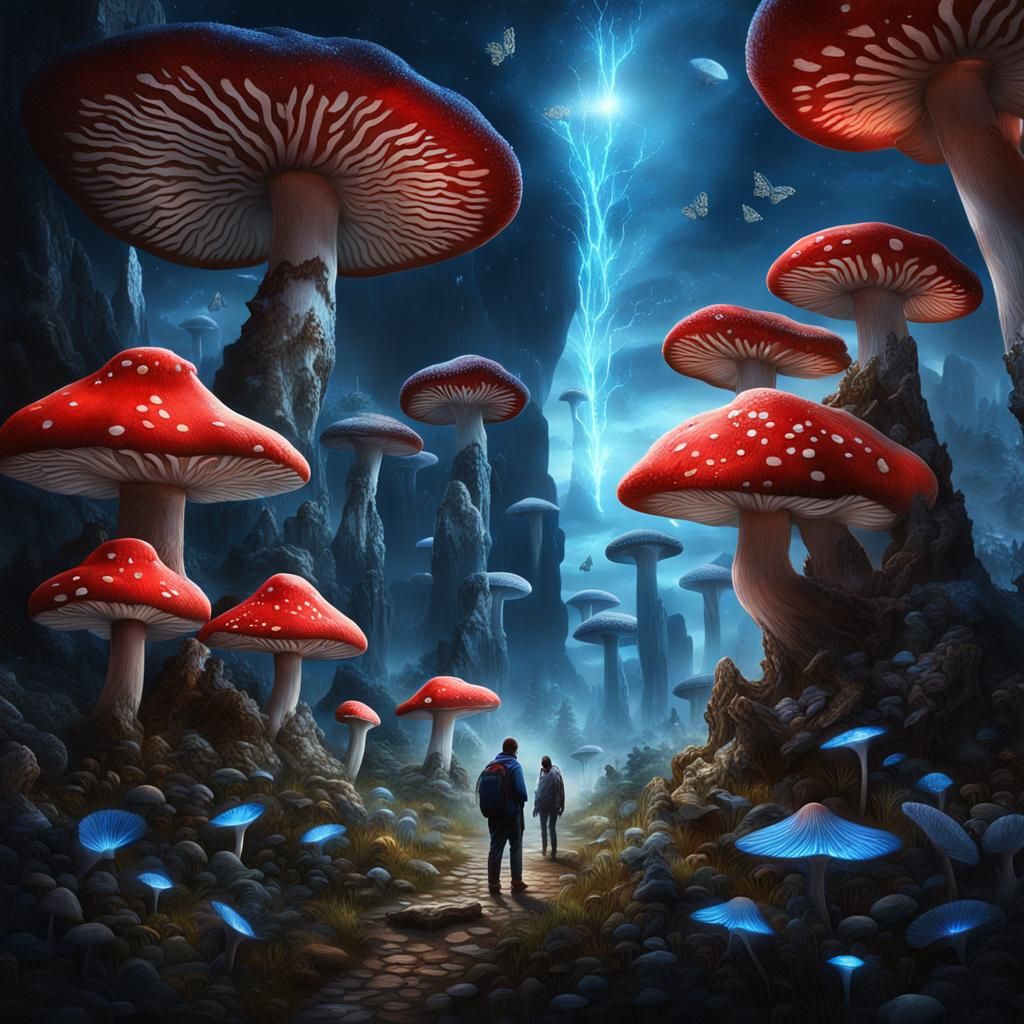 Bioluminescent Mushrooms Spawning Near Crystal Stone Henge