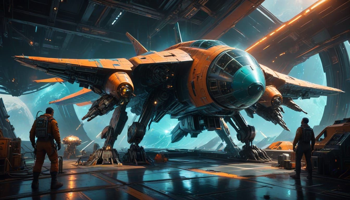 Surreal Spacecraft Repairmen in Vivid Orange and Teal