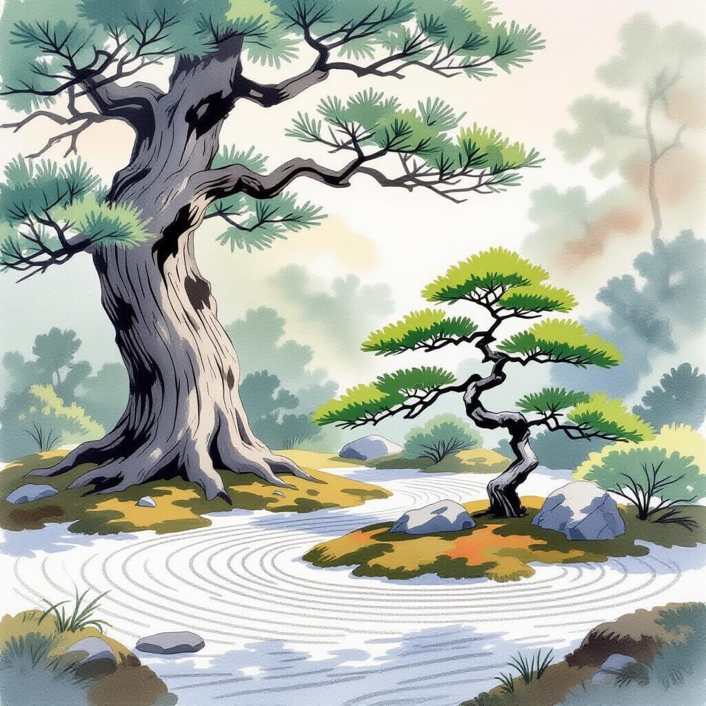 Zen Garden: Ancient Oak and Bonsai in Watercolor Style