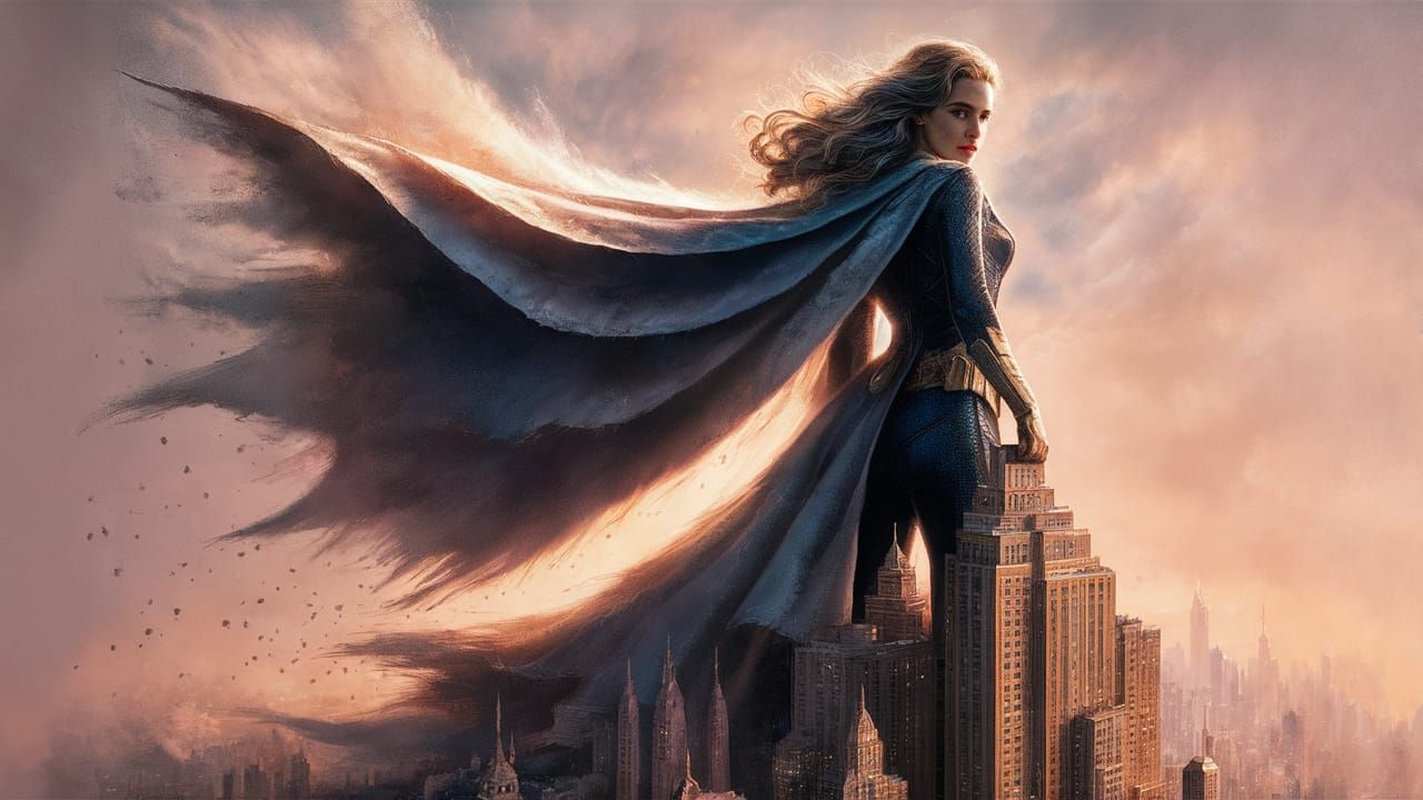 Superheroine on Skyscraper in Thomas Kinkade Style