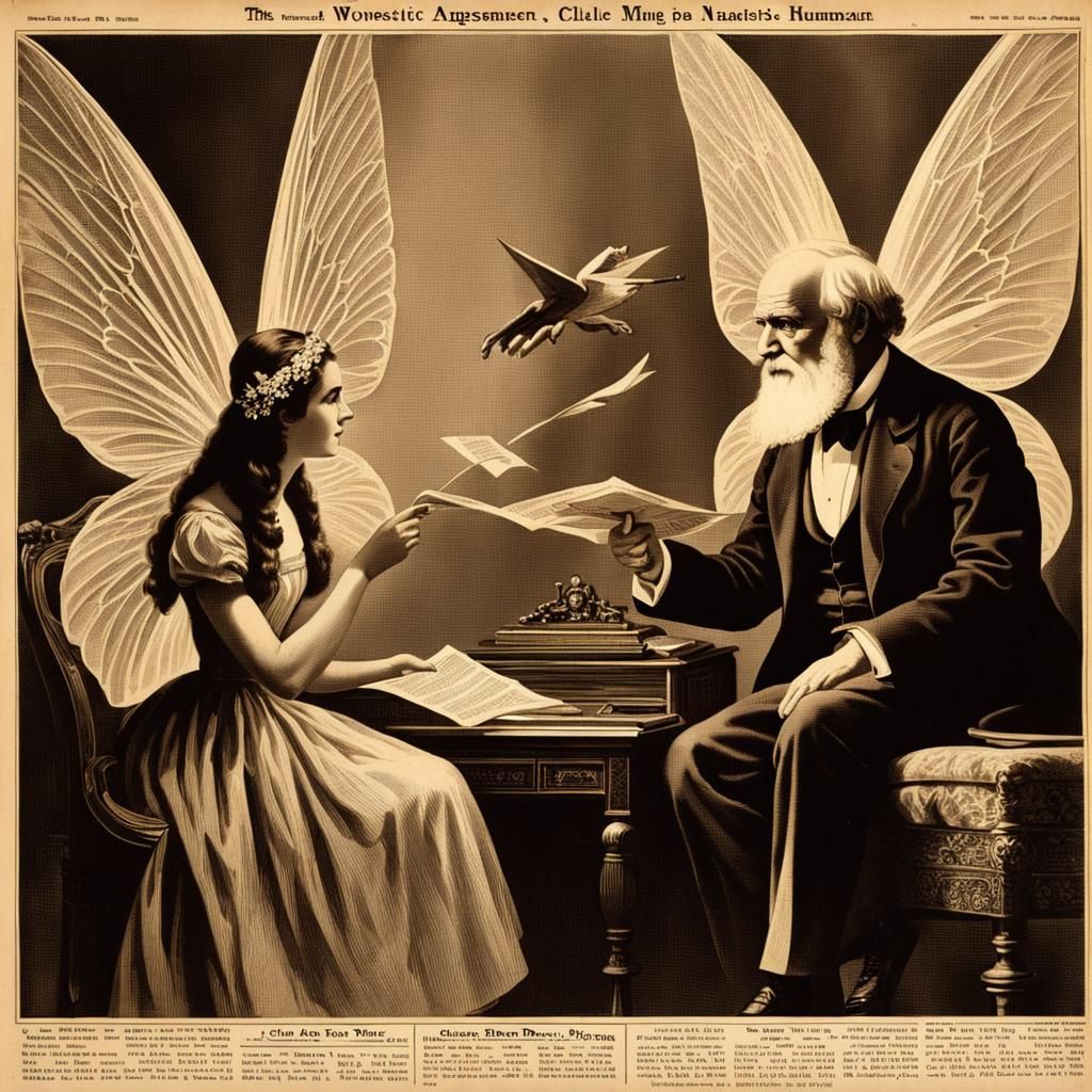 Charles Darwin Debates Fairy in Sepia Newspaper