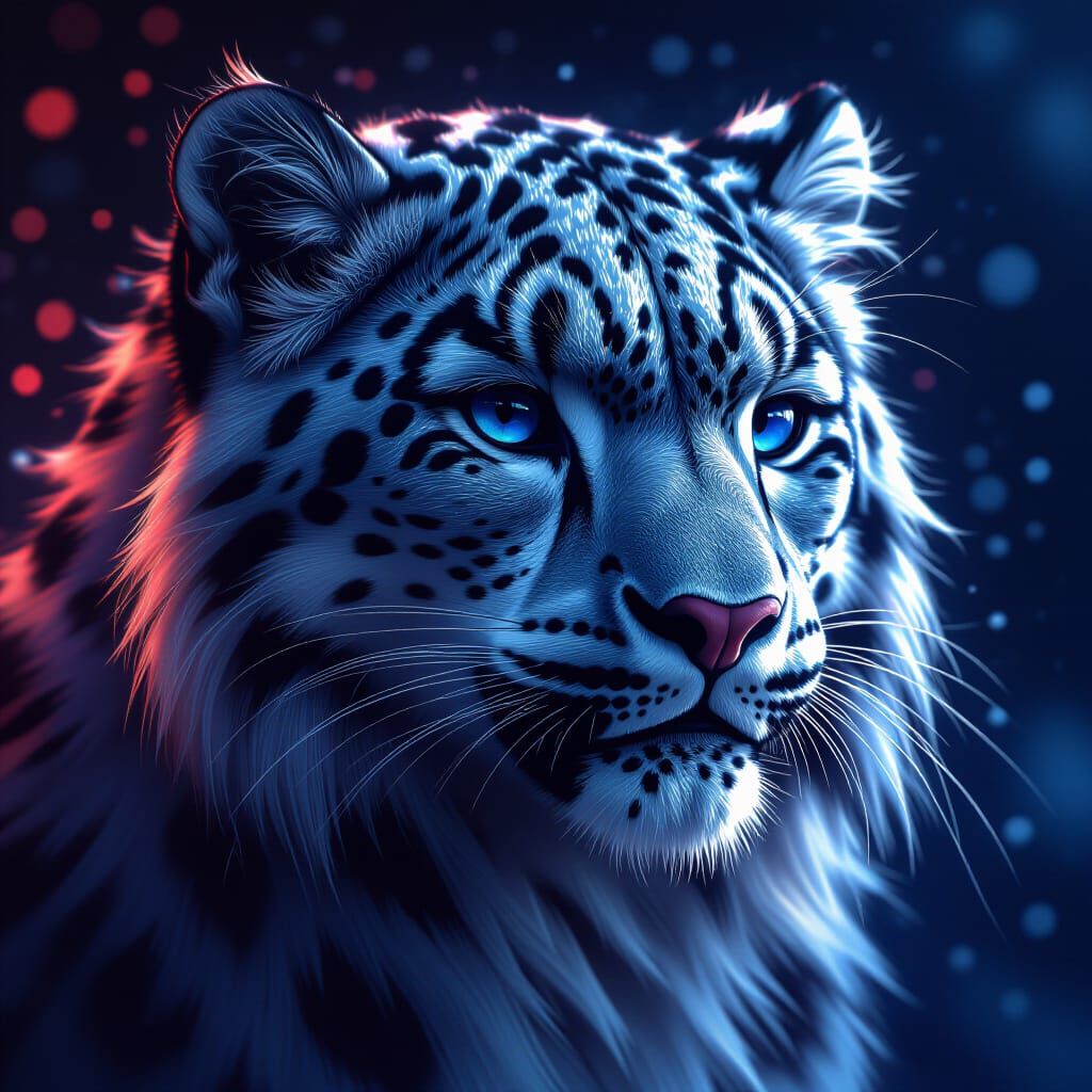 Black Snow Leopard Portrait in Dynamic Lighting