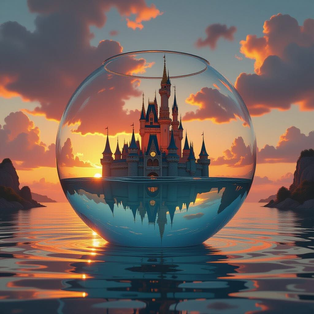 Majestic Castle in Glass Bowl at Sundown