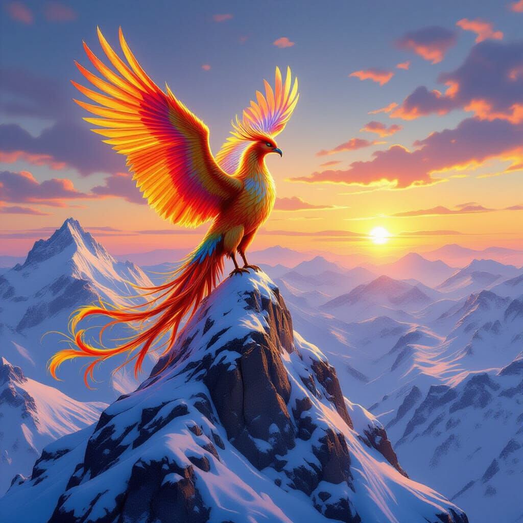 Phoenix on Snowy Peak at Sunrise, Fantasy Art