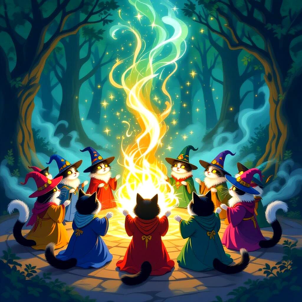 Wizard Cats Conjuring Magic in a Circle