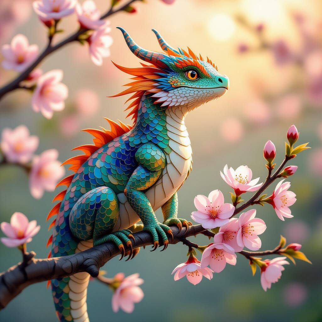 Majestic Dragon-Bird Hybrid on Cherry Blossoms